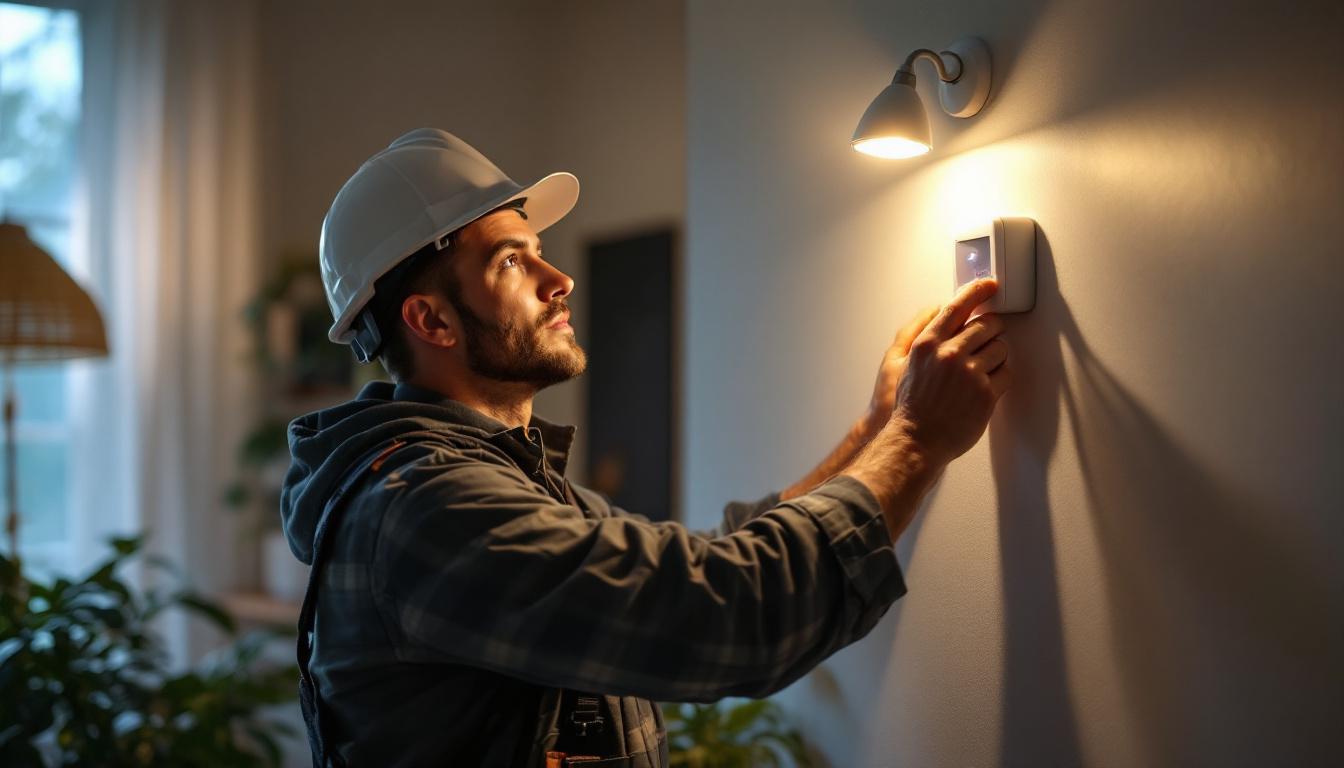 A photograph of capture a photograph of a lighting engineer installing or adjusting a motion sensor light in a residential or commercial setting