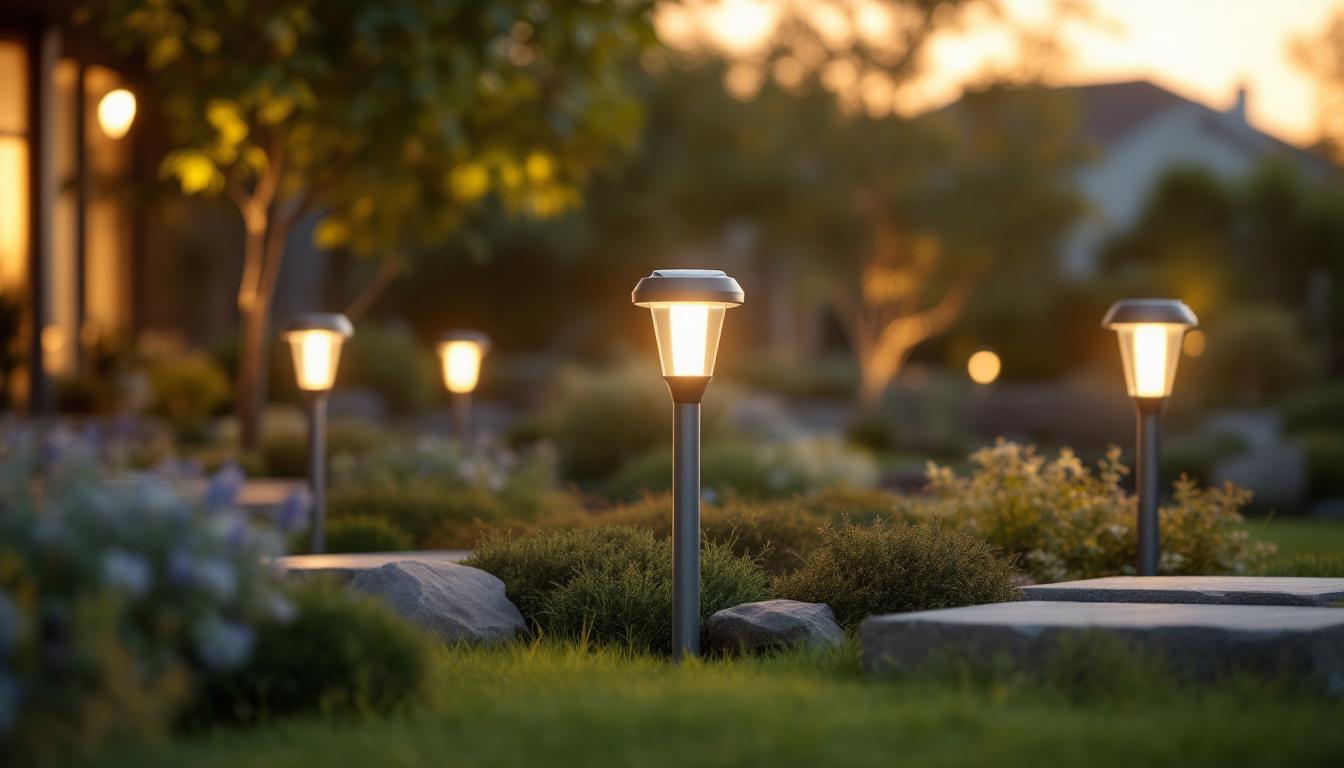 A photograph of a modern solar light installation in a landscaped outdoor setting
