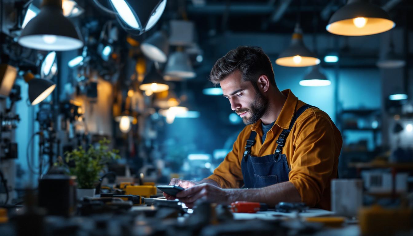 A photograph of a skilled electrical engineer examining a well-lit workspace
