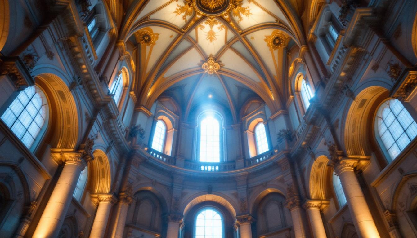 A photograph of a beautifully lit cathedral ceiling