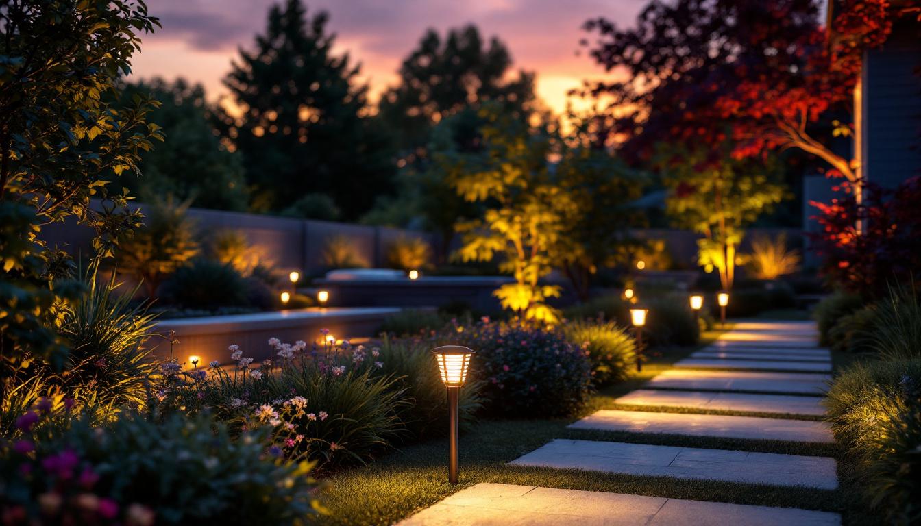 A photograph of a beautifully illuminated outdoor space featuring various styles of replacement landscape lights