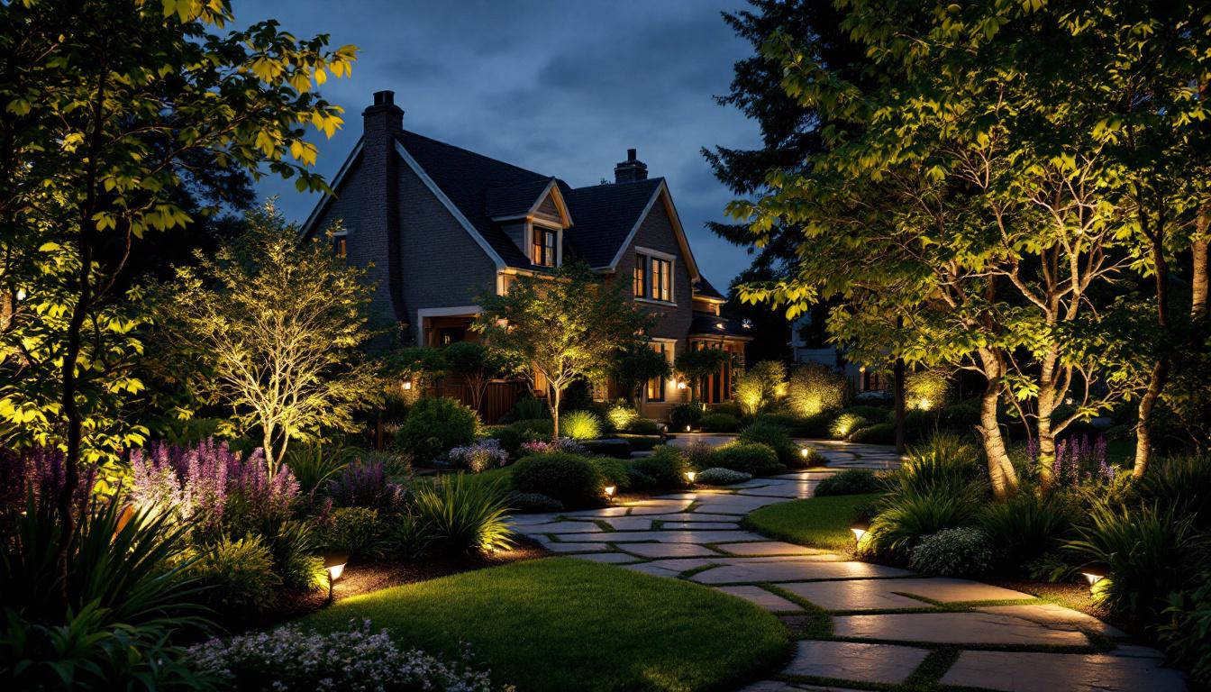 A photograph of a beautifully illuminated outdoor space featuring various landscape lighting designs