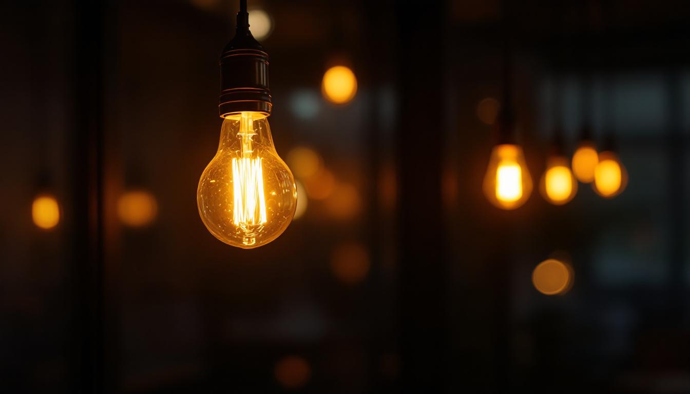 A photograph of a single hanging light bulb illuminating a dark space