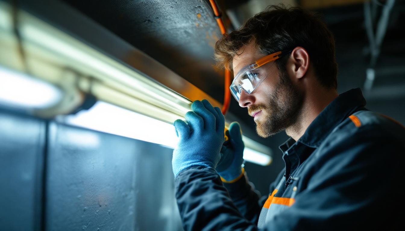 A photograph of a skilled electrician or diy enthusiast carefully replacing a fluorescent light ballast