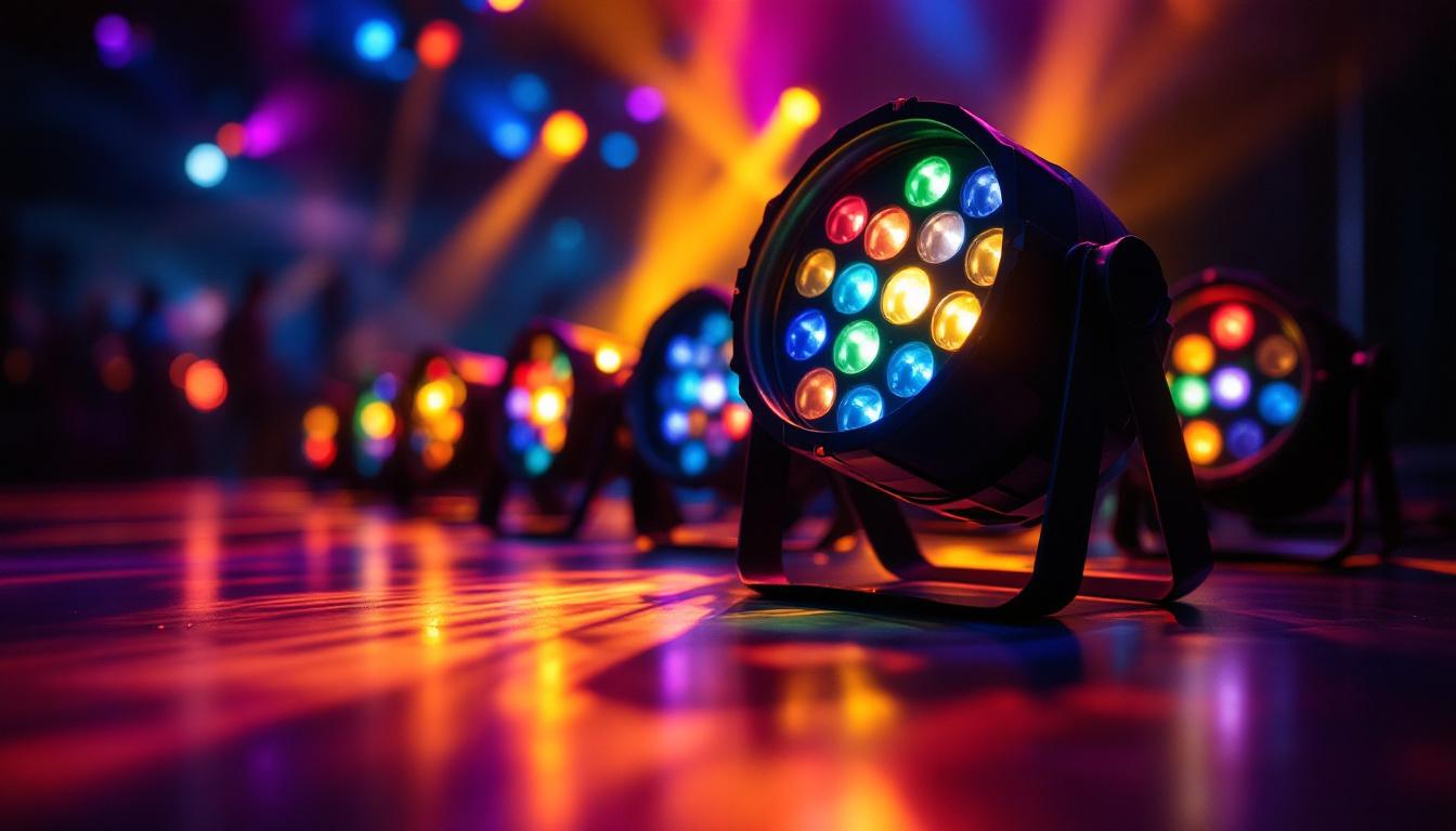 A photograph of a vibrant and well-lit stage or event setting showcasing various par led lights in action
