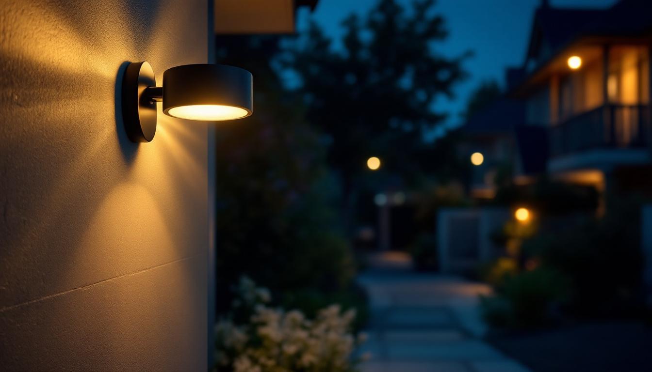 A photograph of a well-lit outdoor security light illuminating a residential area at night
