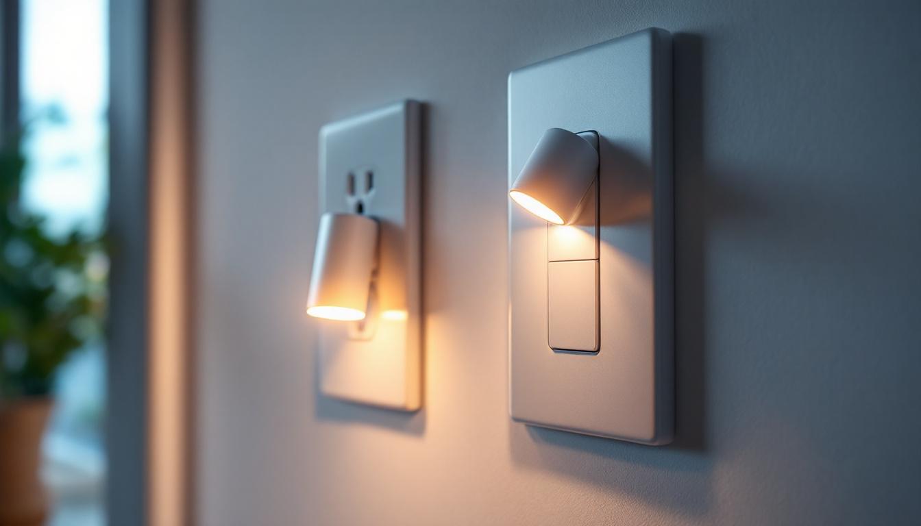 A photograph of a well-lit interior scene showcasing a modern light switch and receptacle in close-up