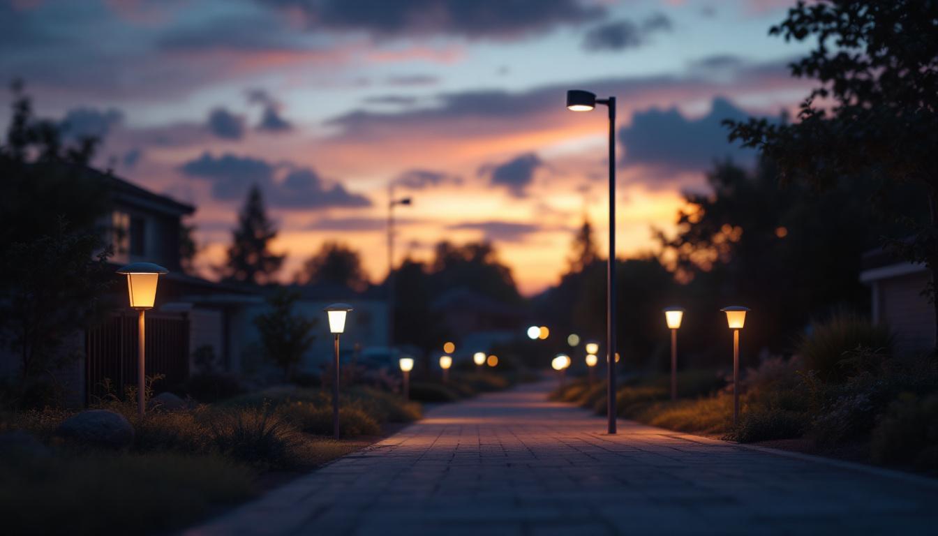 A photograph of a well-lit outdoor scene at dusk featuring various types of outdoor lights equipped with light sensors