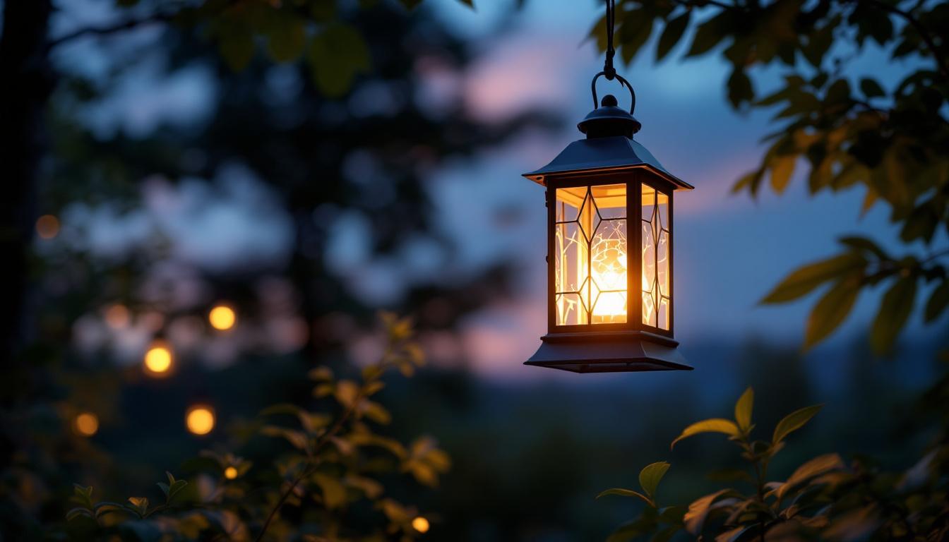 A photograph of a beautifully designed outdoor hanging solar lantern illuminated at dusk