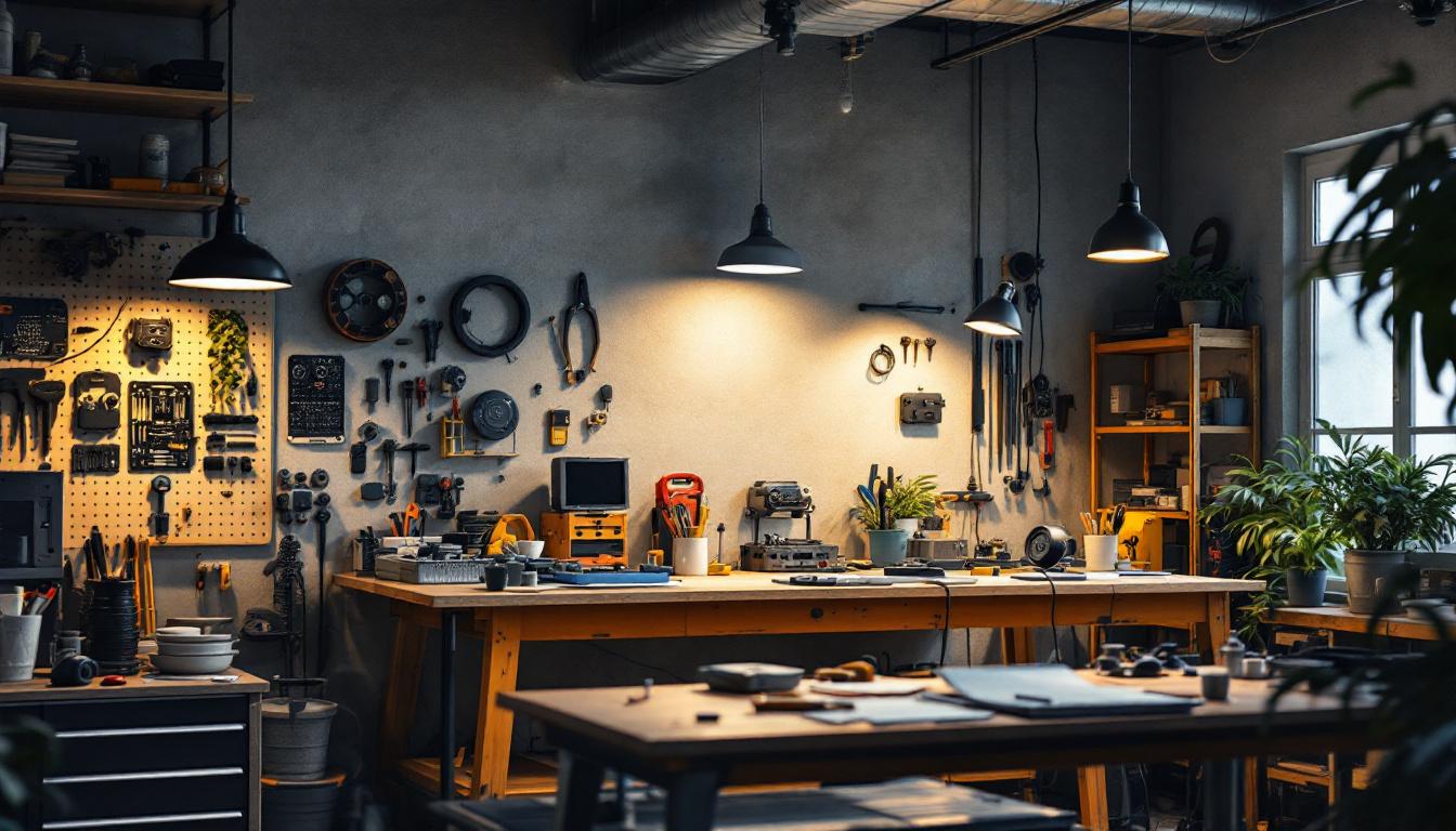 A photograph of a well-lit workspace featuring magnetic shop lights in action