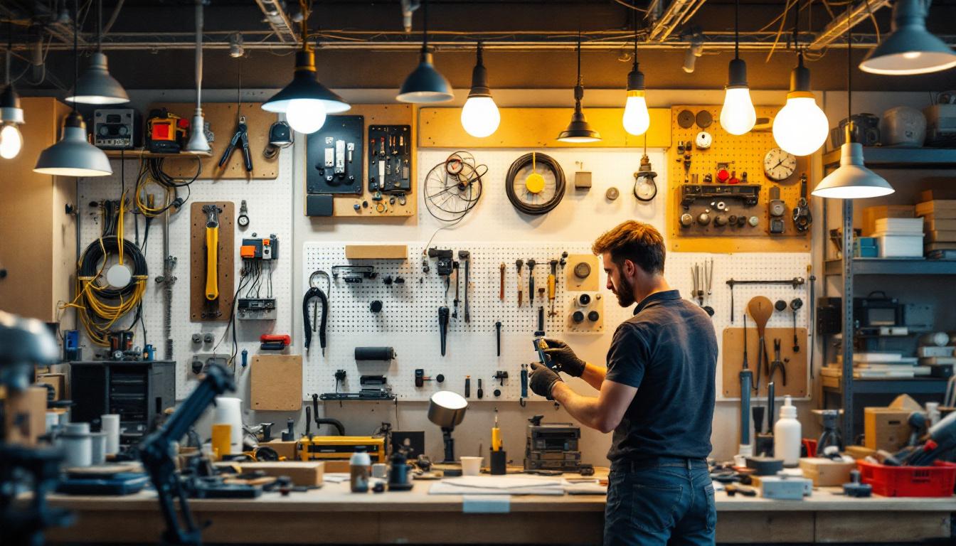 A photograph of a well-organized workspace featuring various lamp fixture hardware components