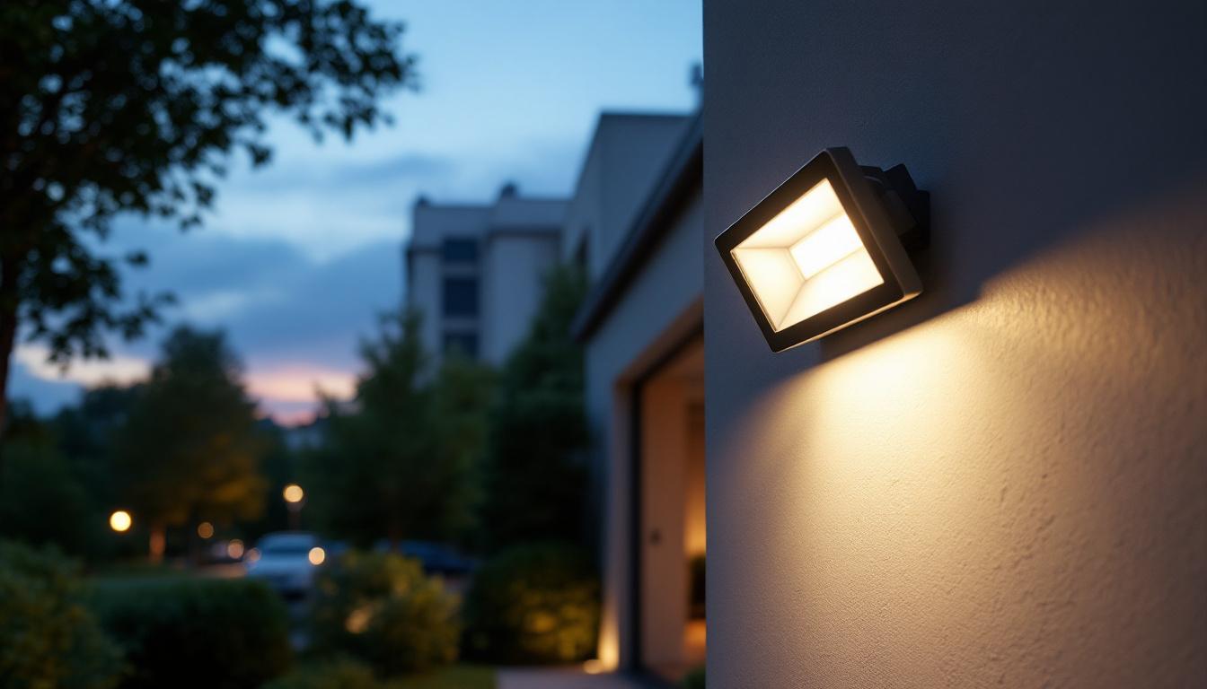 A photograph of a sleek rab lighting led flood light installed in an outdoor setting
