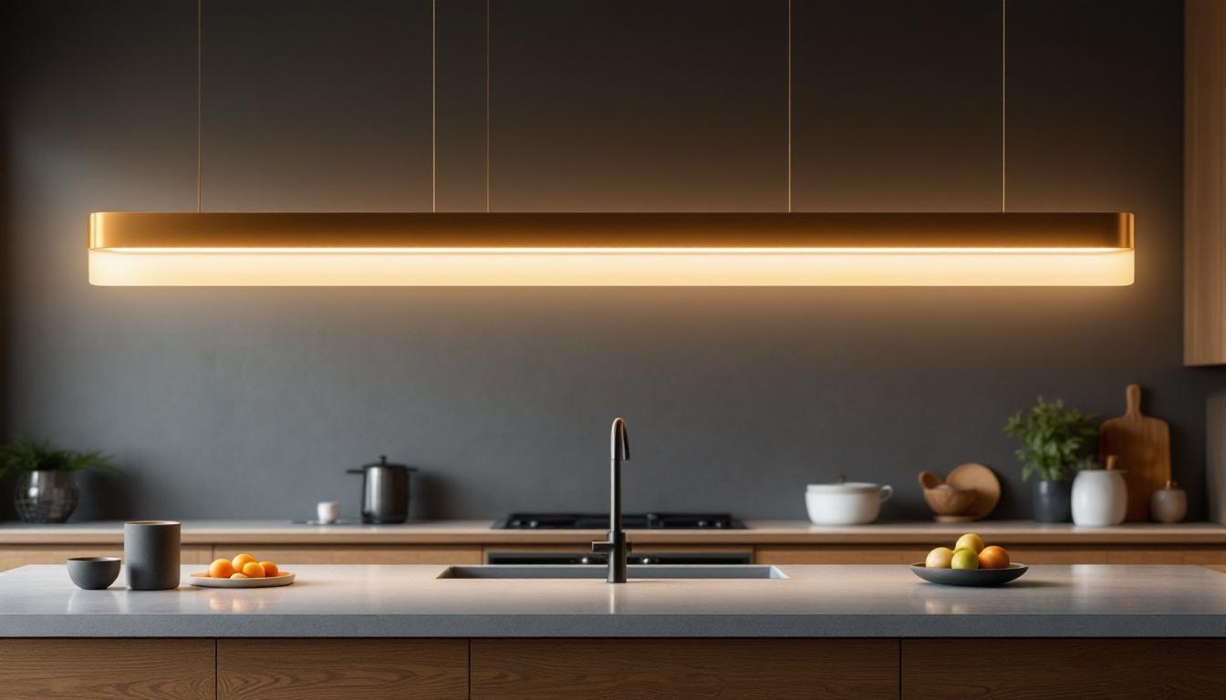 A photograph of a beautifully designed long kitchen light fixture hanging above a modern kitchen island