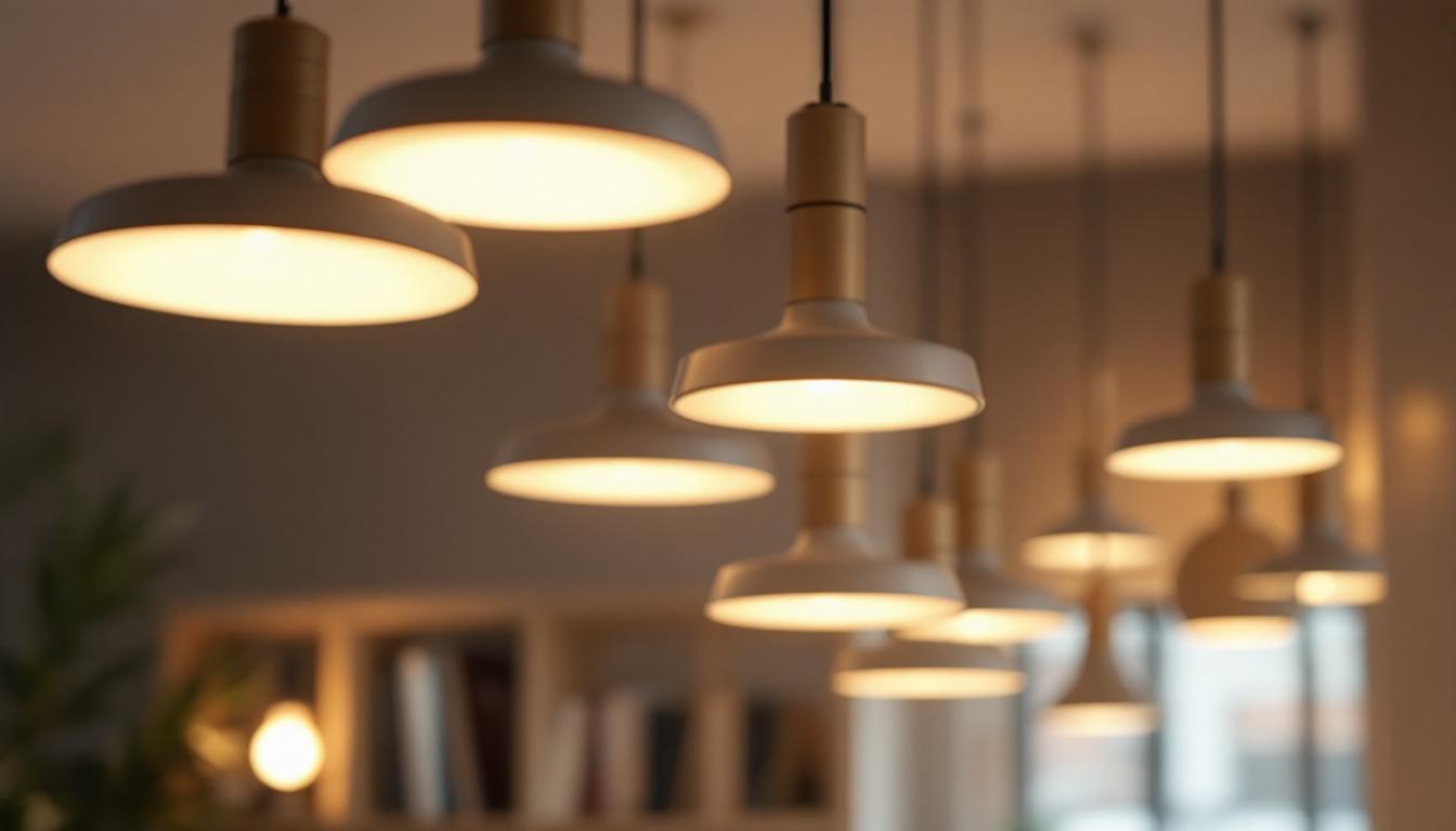 A photograph of a close-up of bulb t lighting fixtures in a modern architectural setting