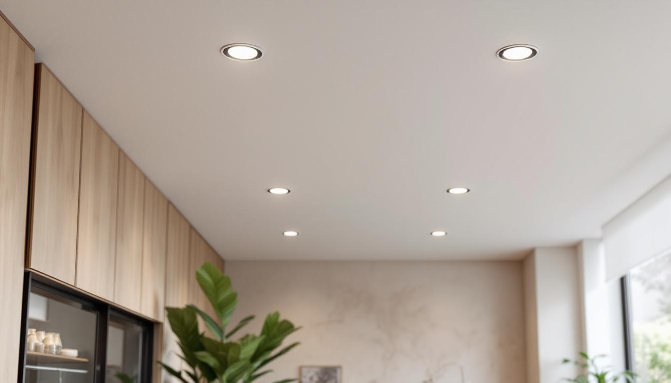 A photograph of a modern recessed can light installation in a stylish interior setting