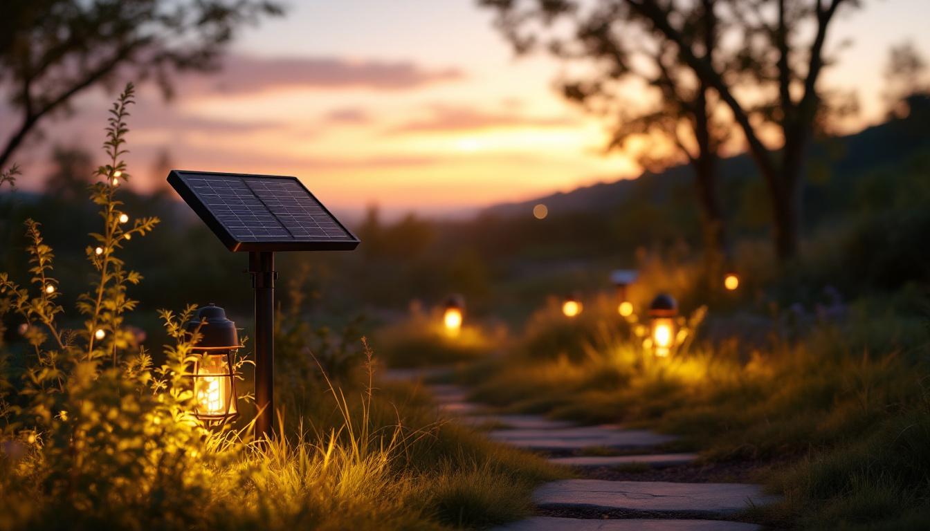 A photograph of a beautifully illuminated outdoor space featuring solar-powered lights