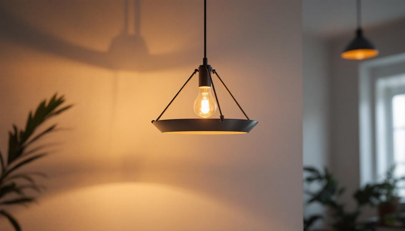 A photograph of a stylishly designed light fixture hanging from a ceiling
