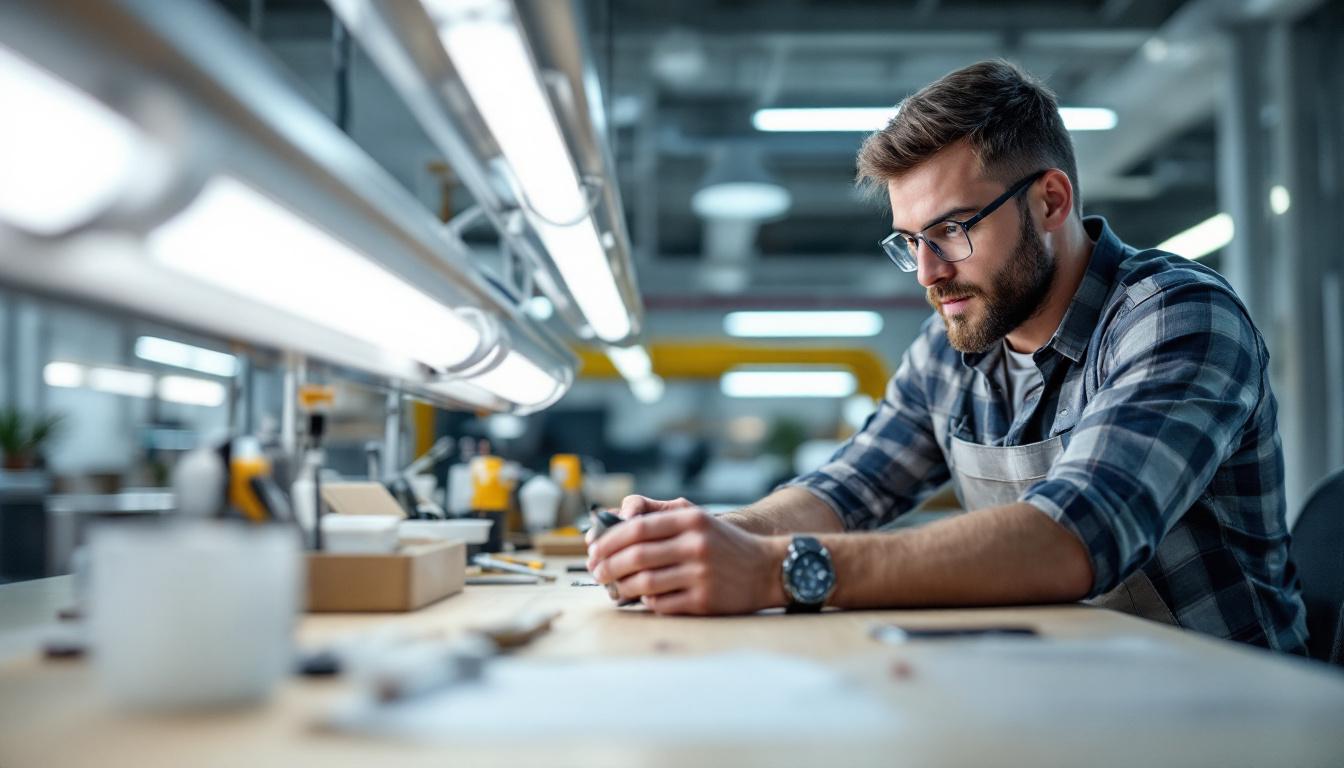 A photograph of a well-lit workspace featuring an electrical engineer examining or installing 4ft t8 bulbs