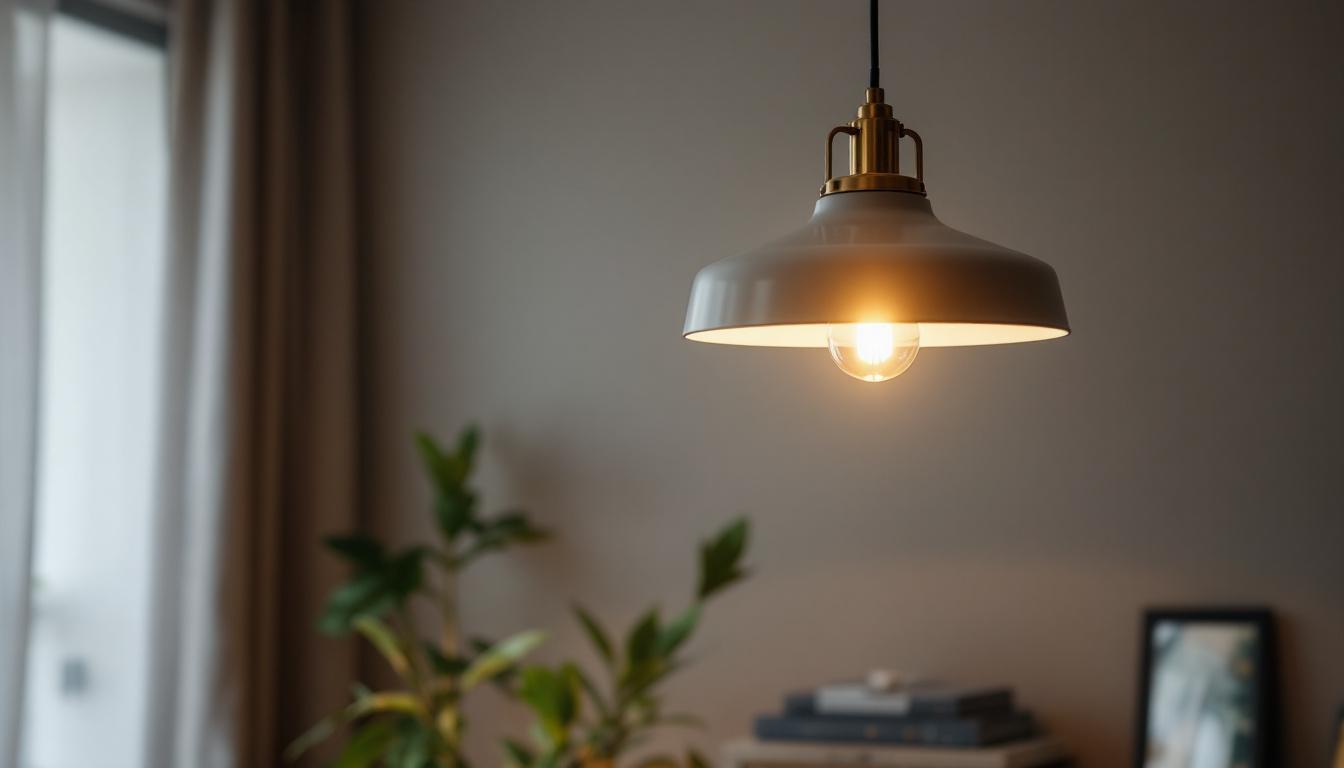 A photograph of a stylish designer pendant light hanging in a modern interior setting