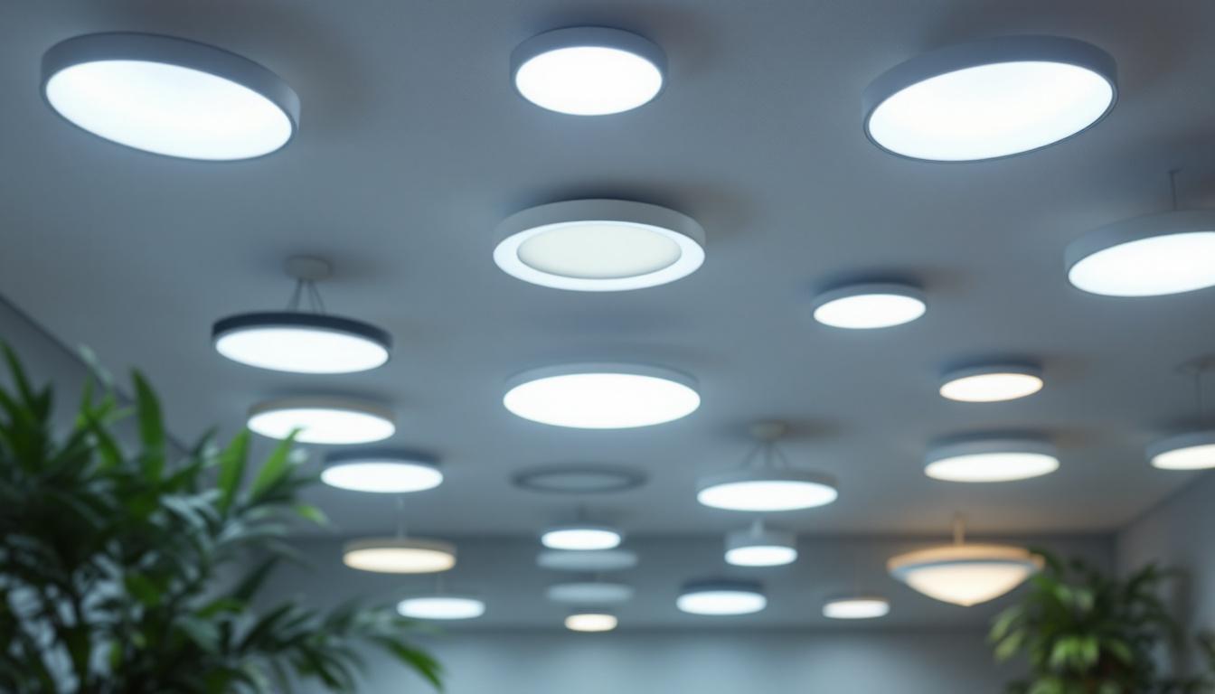 A photograph of a well-lit room featuring various styles of led ceiling lights