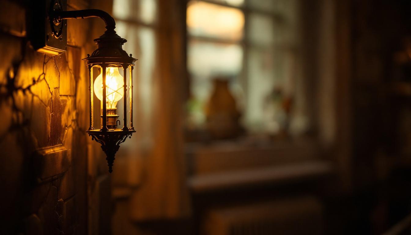 A photograph of a vintage lamp illuminated in a dimly lit room