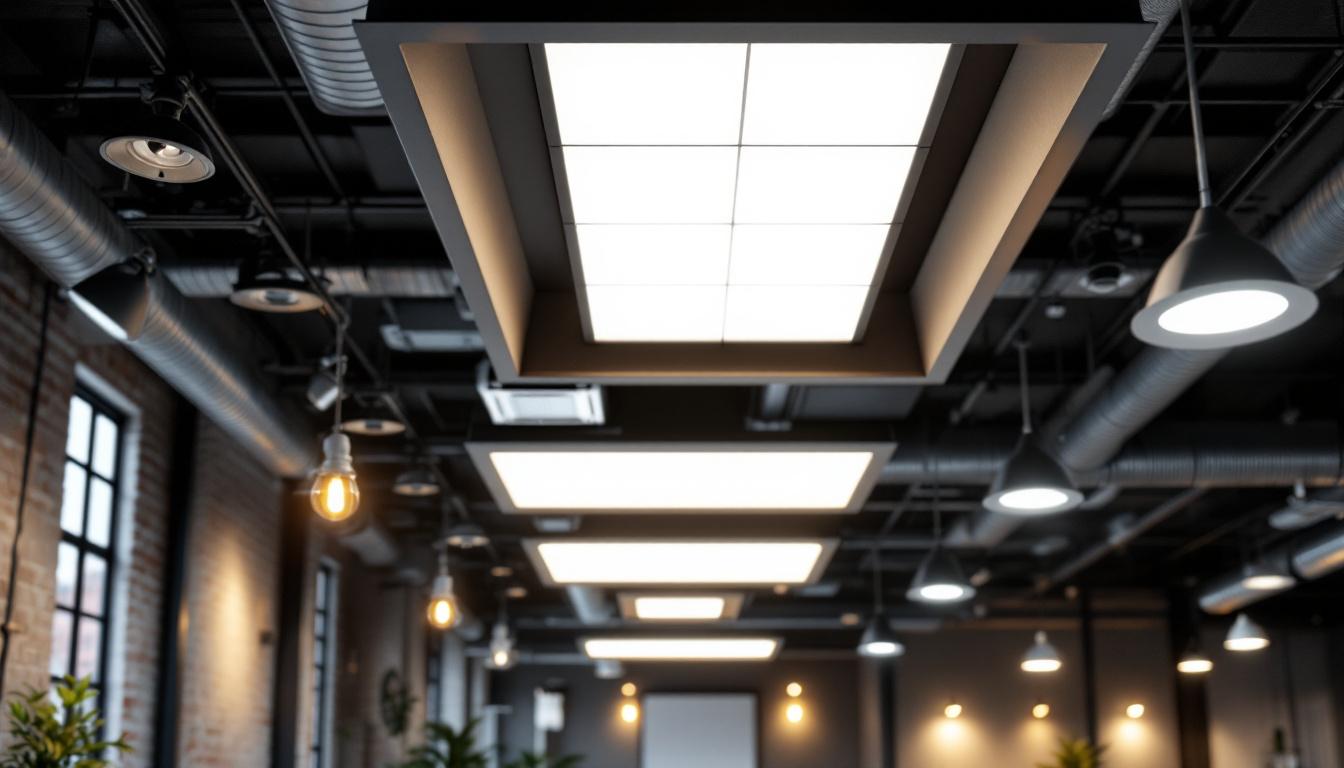 A photograph of a modern industrial space featuring a mix of recessed lighting designs