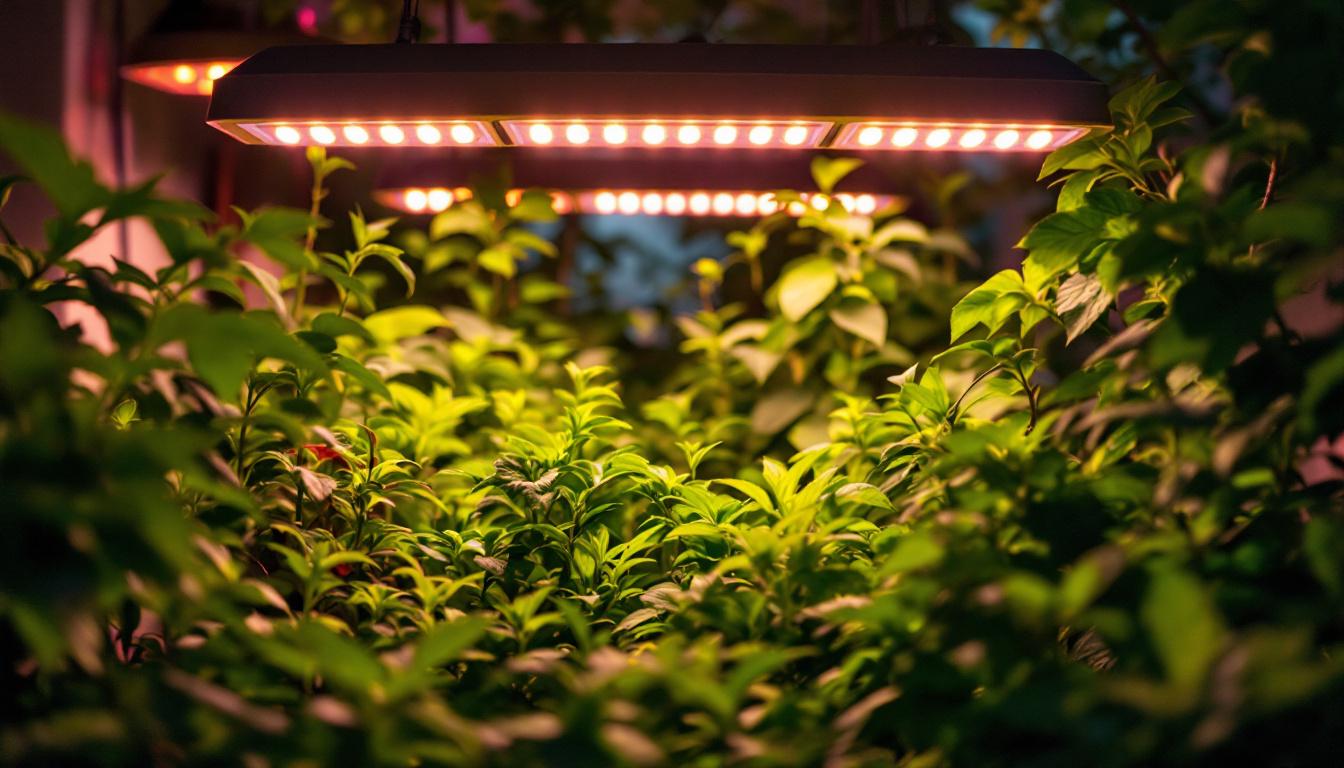 A photograph of a vibrant indoor garden illuminated by halogen grow lights