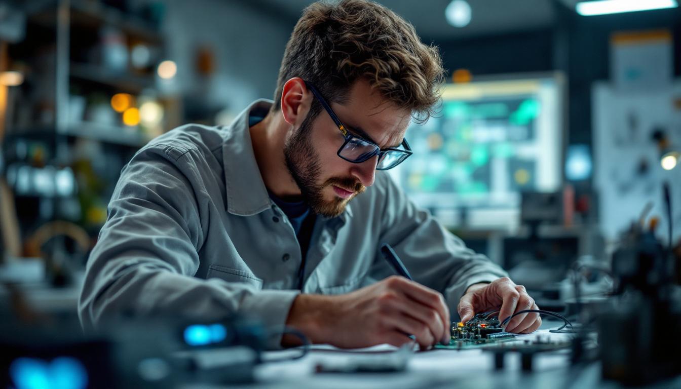 A photograph of a focused electrical engineer working on a circuit board or using advanced tools in a modern lab setting