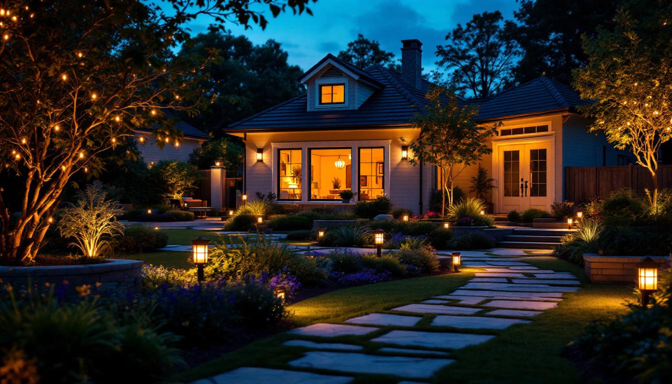 A photograph of a beautifully illuminated backyard at dusk