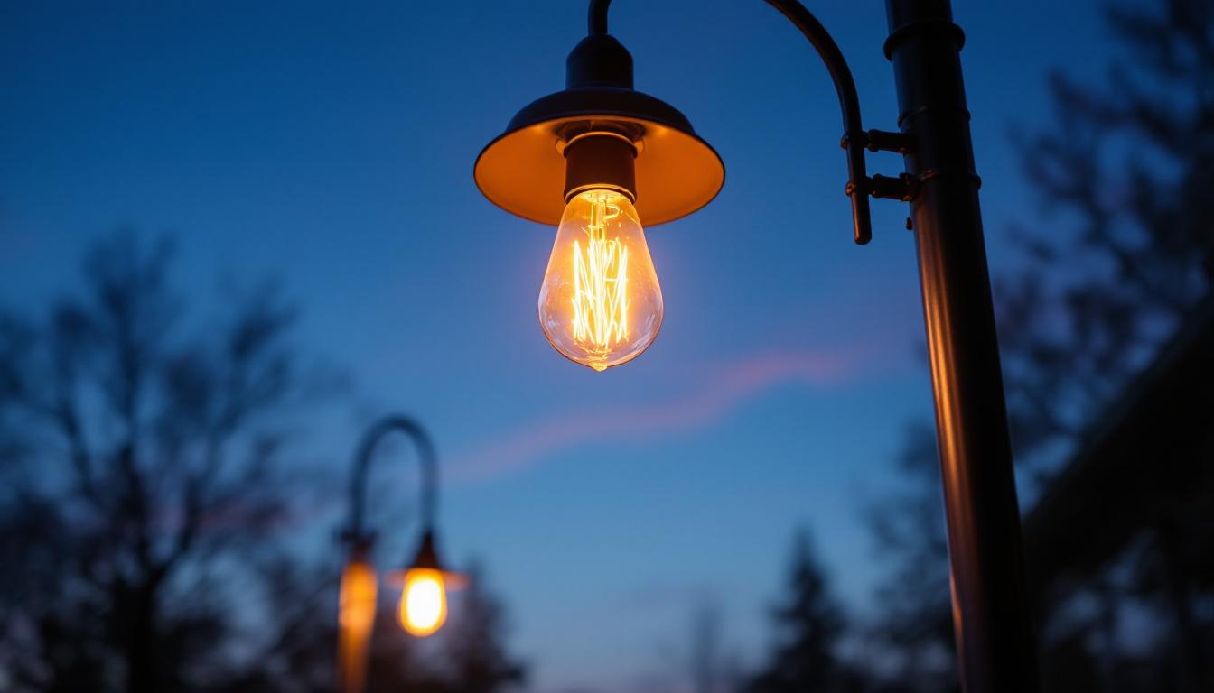 A photograph of a beautifully designed outdoor lamp post illuminated by both industrial and commercial light bulbs