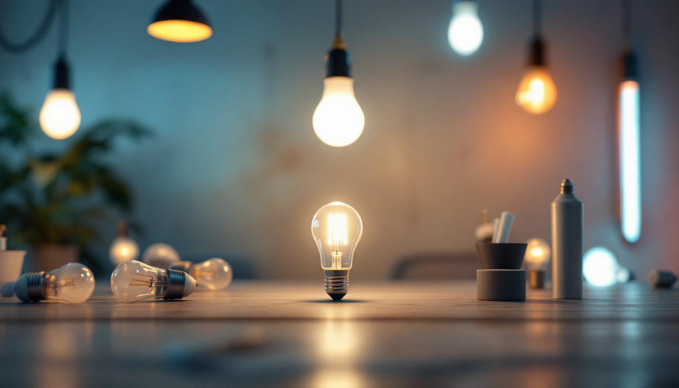 A photograph of a well-lit workspace featuring various types of fluorescent light bulbs