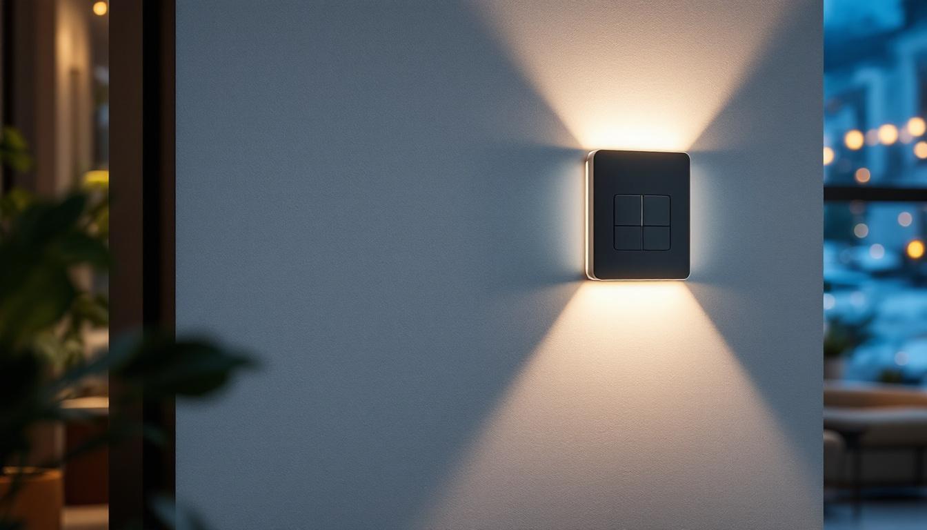 A photograph of a modern automatic light switch installed in a stylish home setting