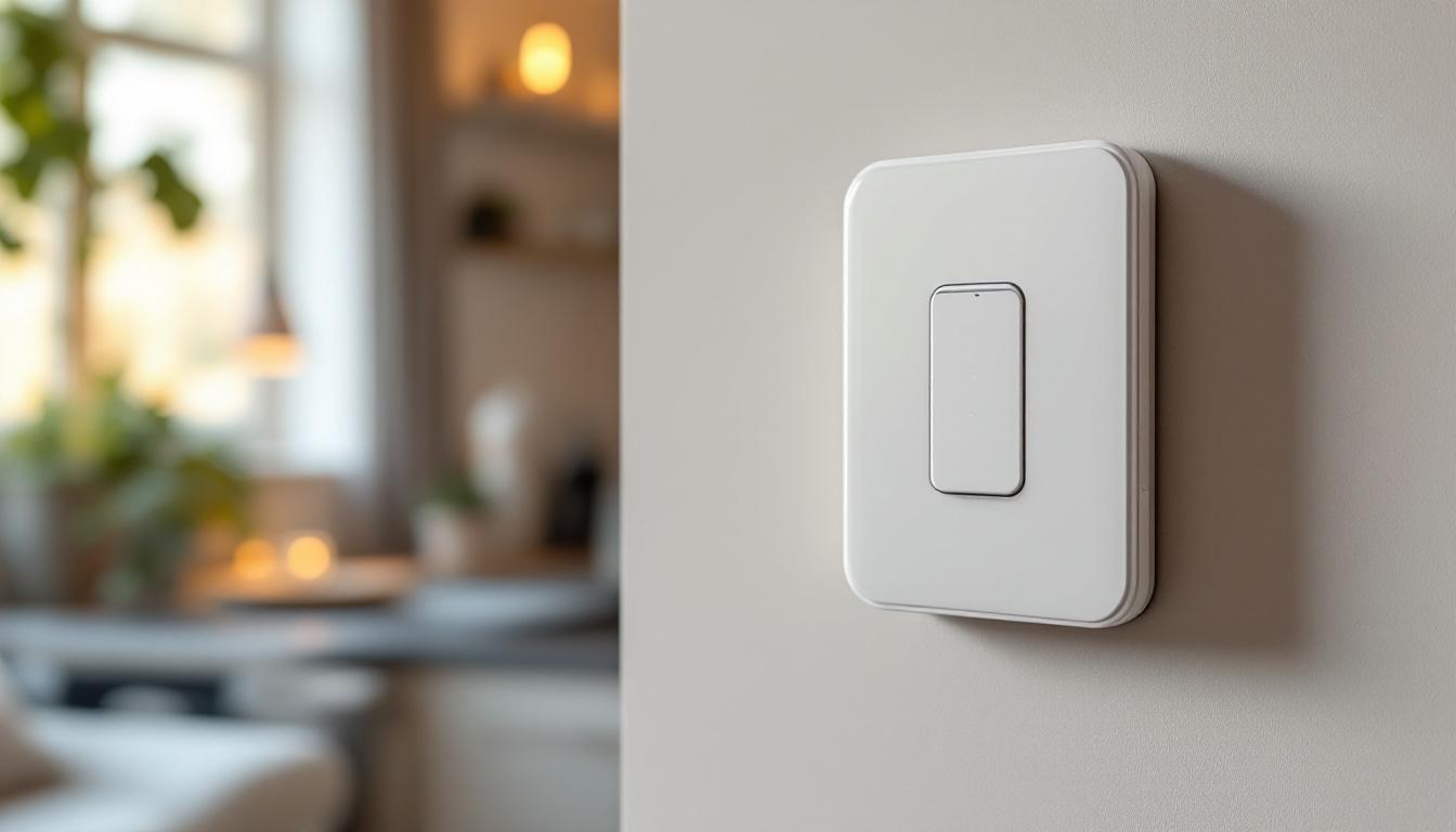 A photograph of a modern digital light switch timer installed in a stylish home setting