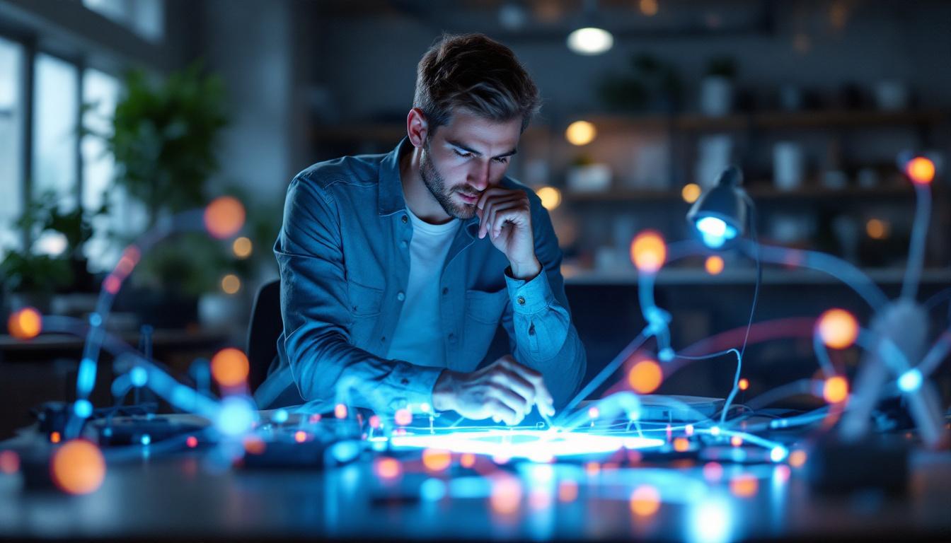 A photograph of an electrical engineer in a modern workspace