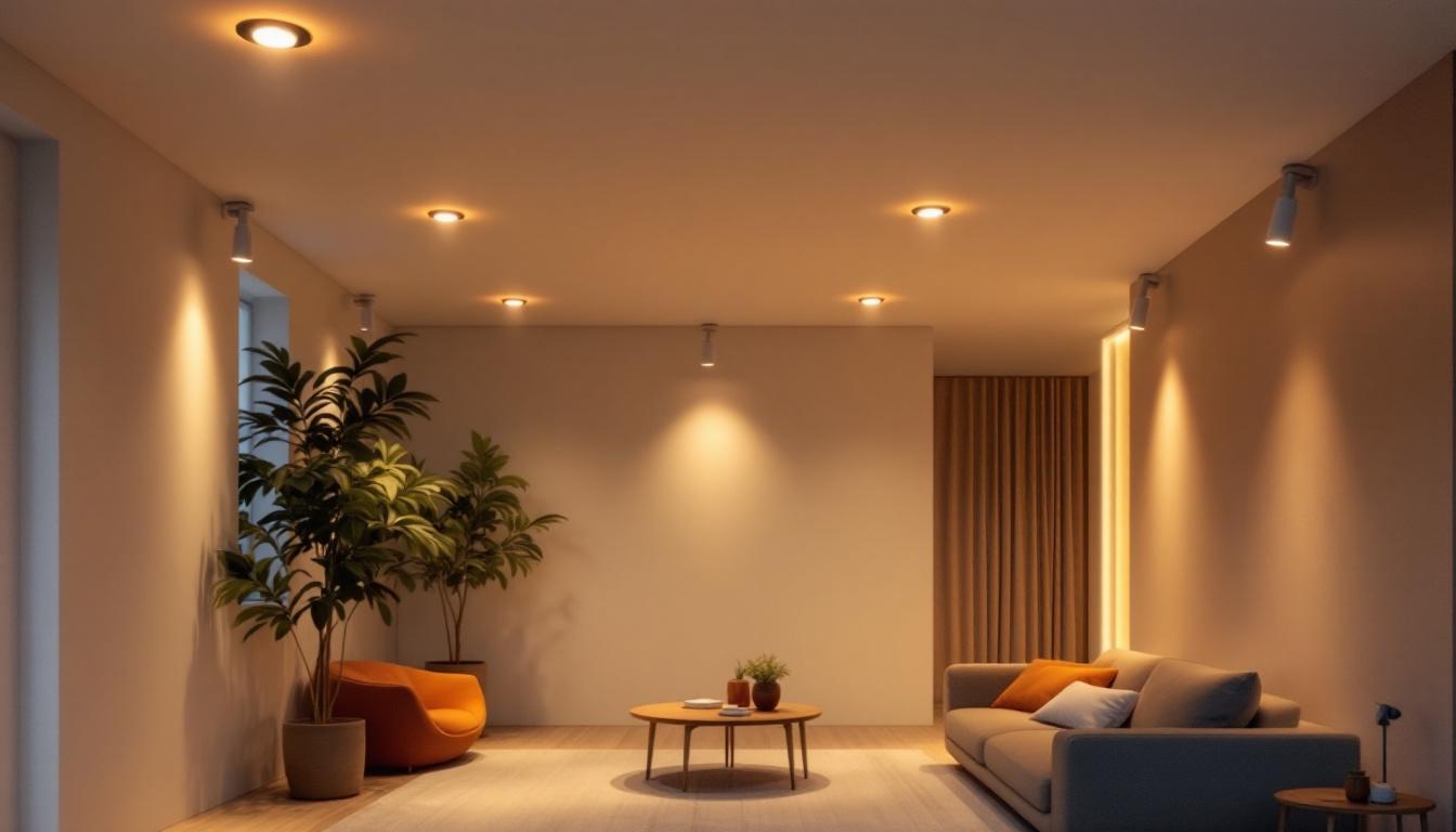 A photograph of a modern interior space showcasing recessed eyeball lights in action