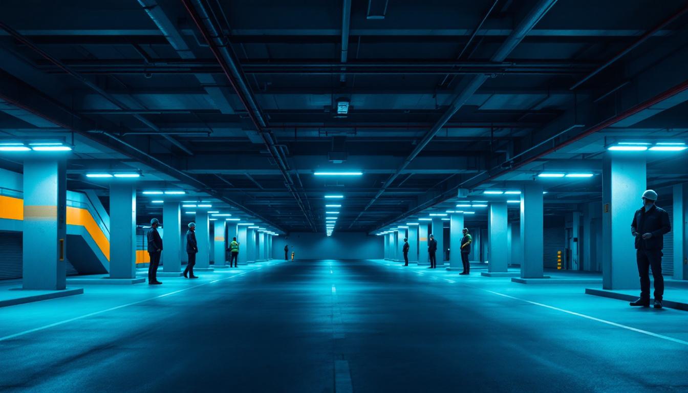 A photograph of a modern parking garage illuminated with bright led lights