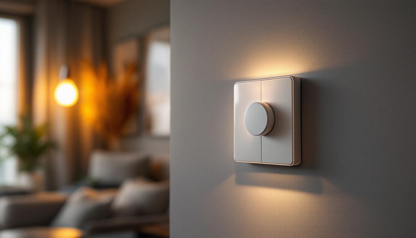 A photograph of a modern dual light and fan switch installed in a stylish interior setting