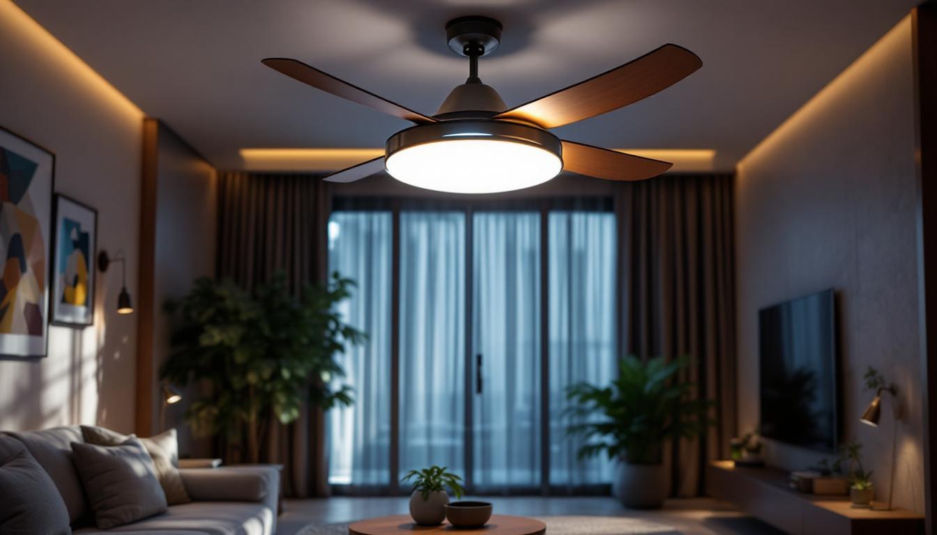 A photograph of a stylish and unique ceiling fan with integrated lighting in a modern living space