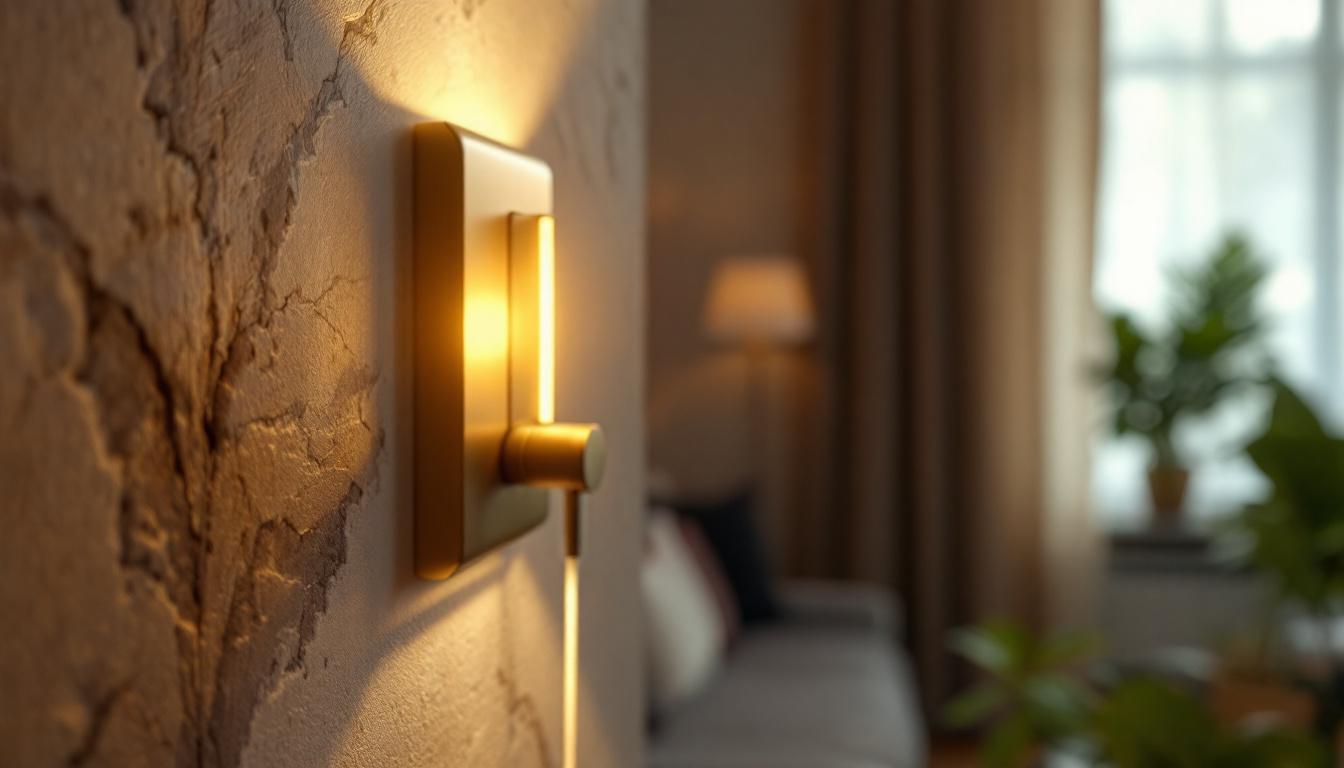 A photograph of a close-up of a stylish push switch being used to control a lamp in a cozy