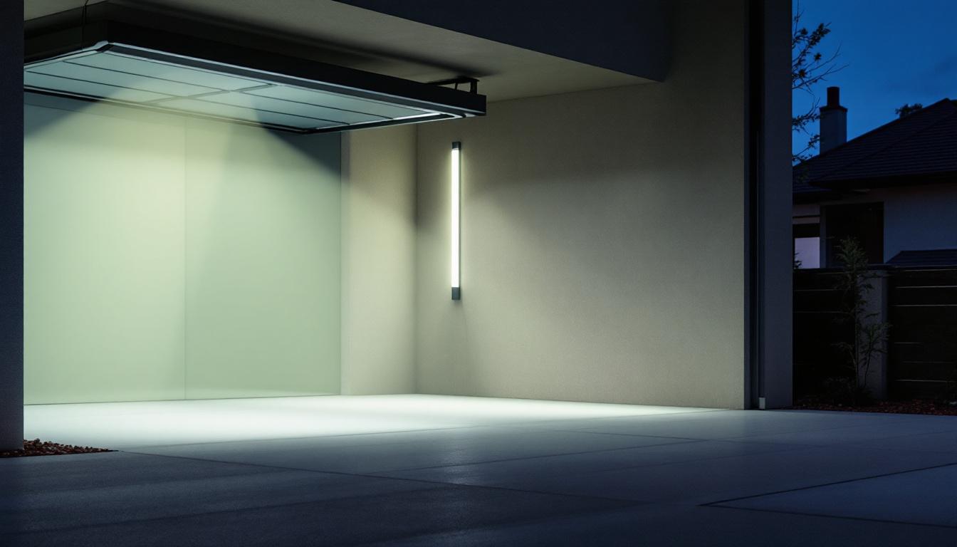A photograph of a modern garage showcasing motion-activated lights in action