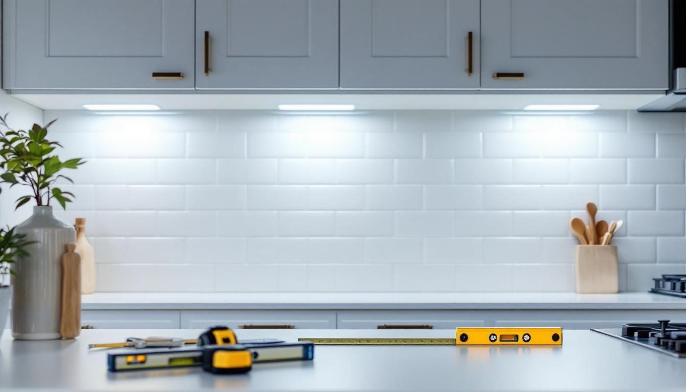 A photograph of a well-lit kitchen showcasing under cabinet lighting with stick-on fixtures
