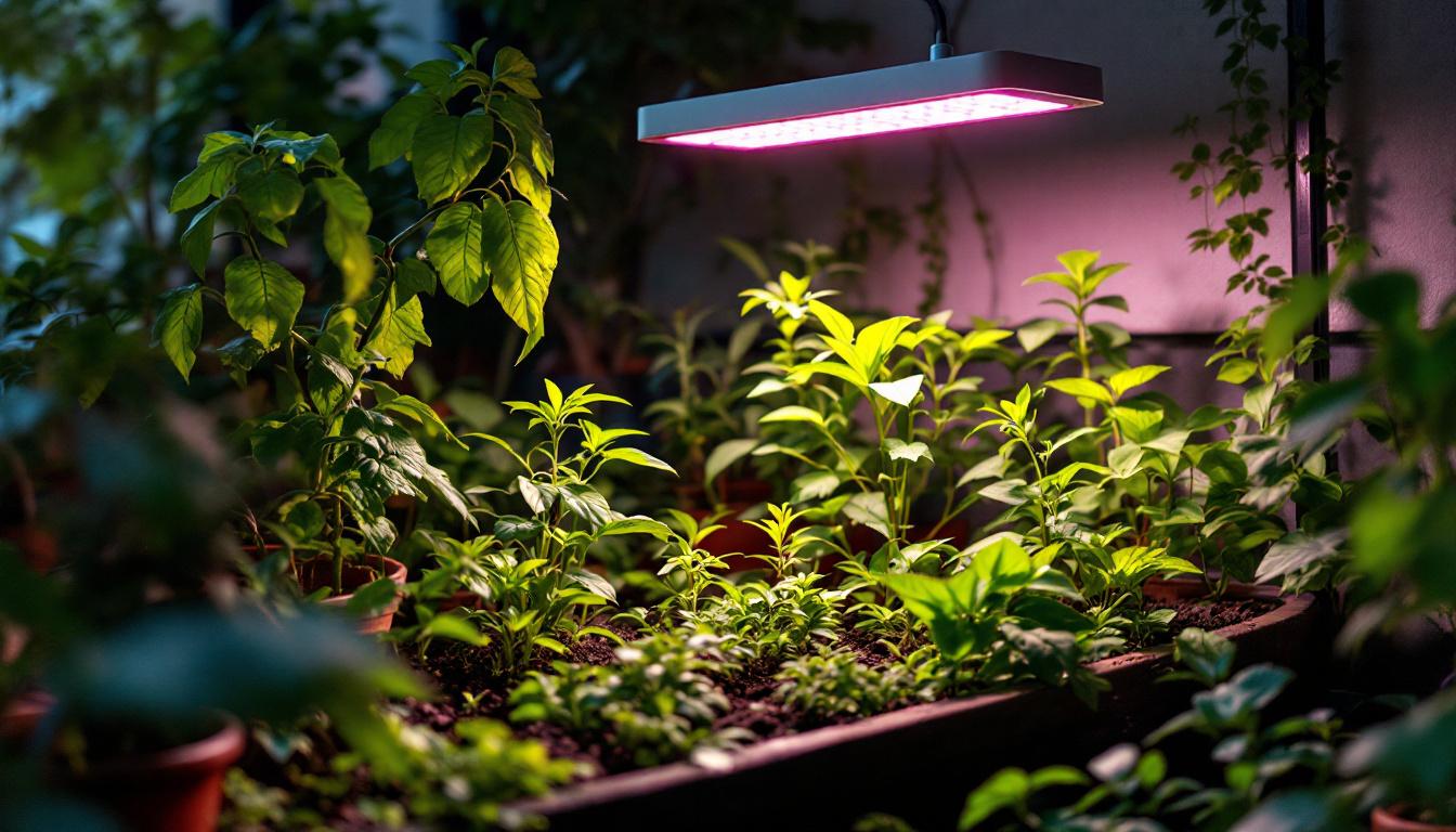 A photograph of a modern grow light lamp in a vibrant indoor garden setting