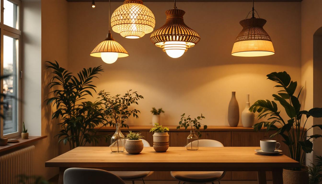 A photograph of a beautifully designed room featuring various overhead lighting fixtures made from sustainable materials