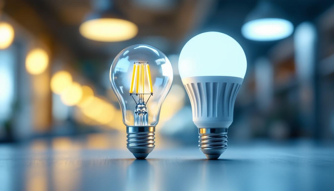 A photograph of a side-by-side comparison of led and fluorescent light bulbs