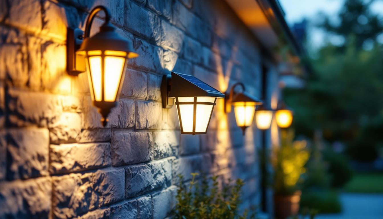 A photograph of a beautifully illuminated outdoor space featuring various styles of external solar-powered wall lights