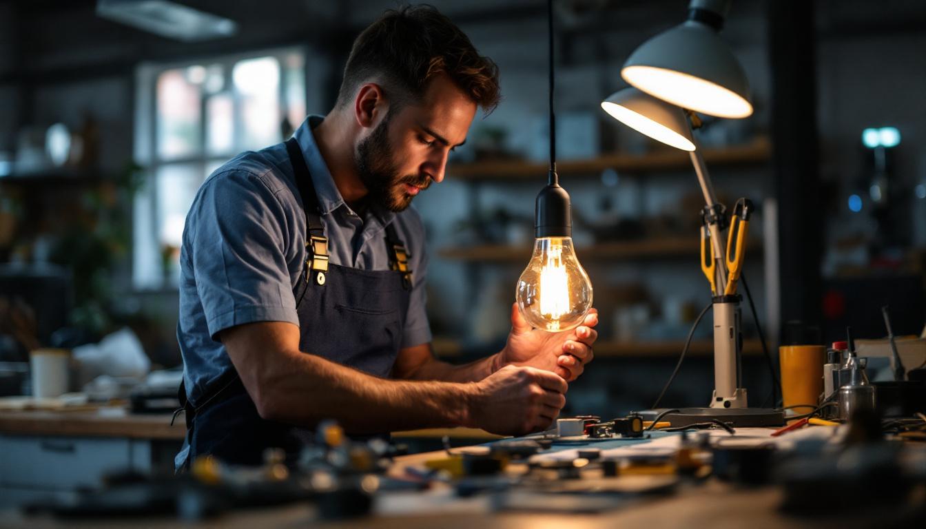 A photograph of a skilled electrical engineer meticulously assembling or testing a high-quality lamp
