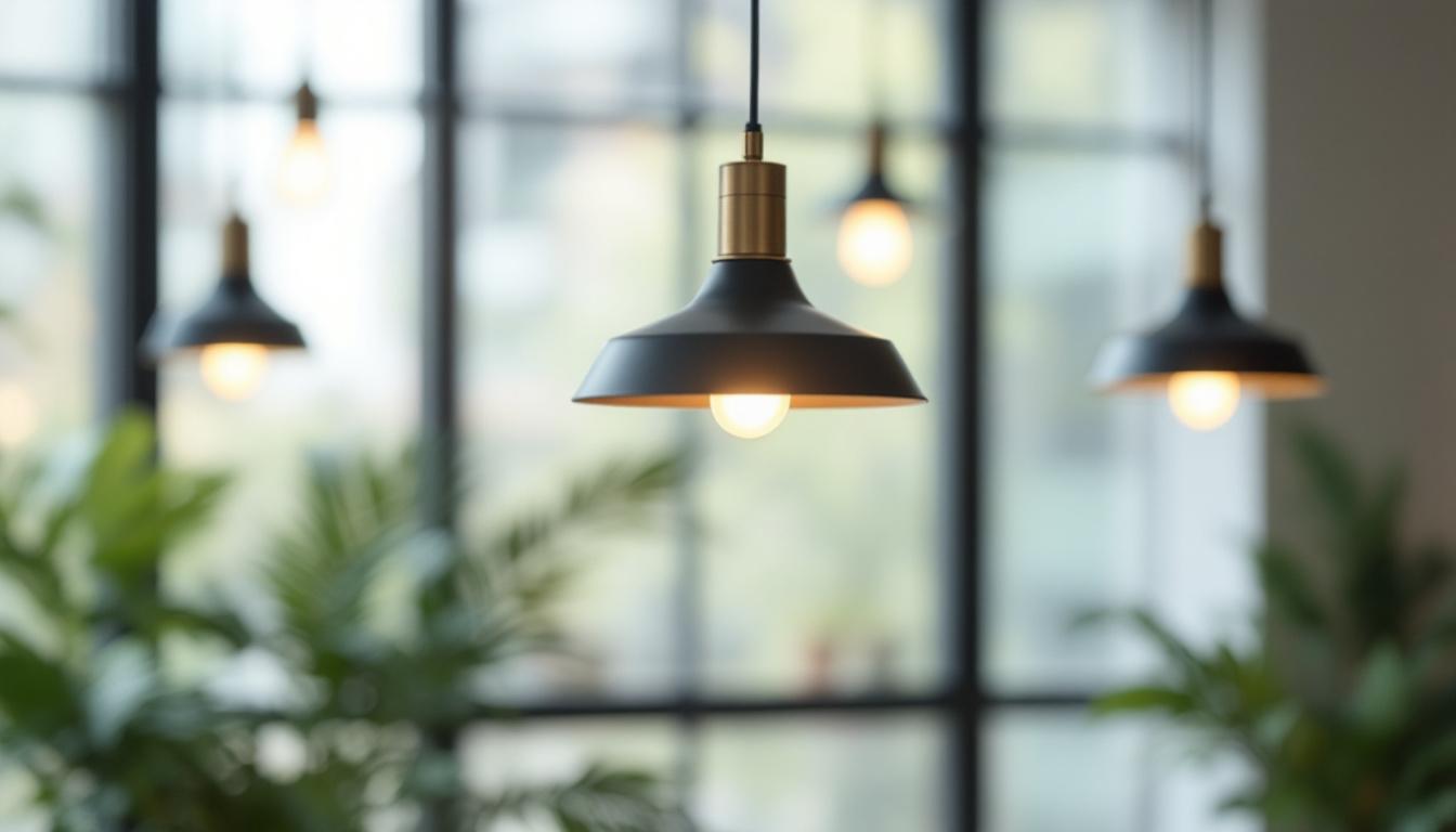 A photograph of a stylish pendant lamp with a focus on its bracket