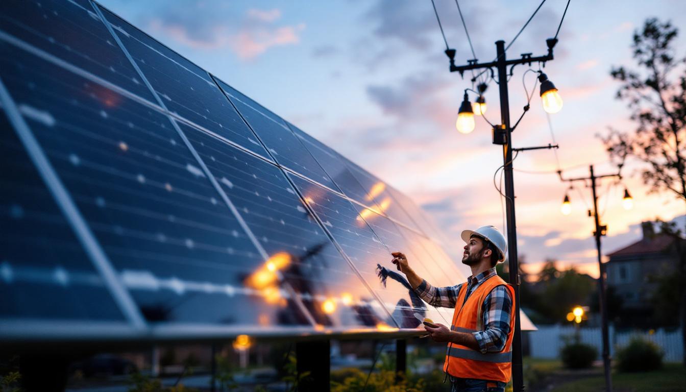 A photograph of a solar-powered lighting installation in an outdoor setting