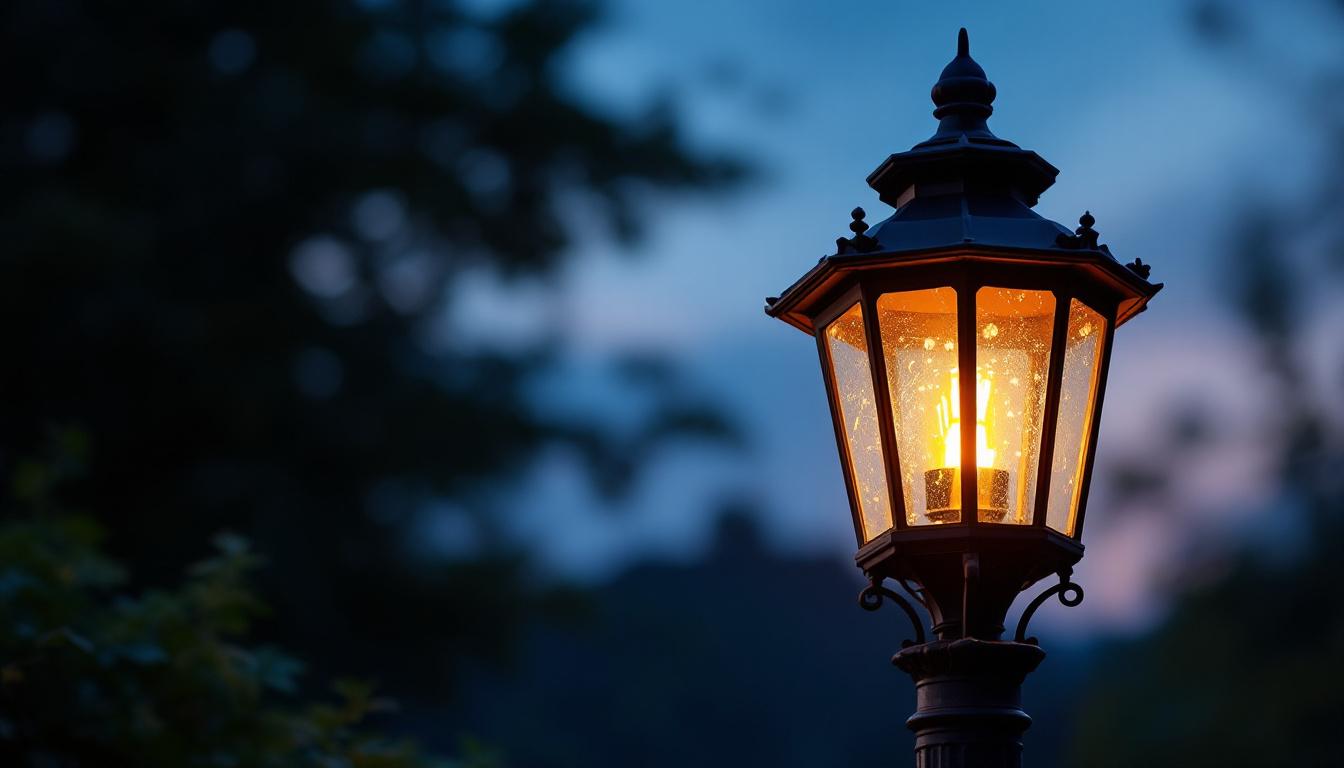 A photograph of a beautifully illuminated lantern post light in a serene outdoor setting during dusk