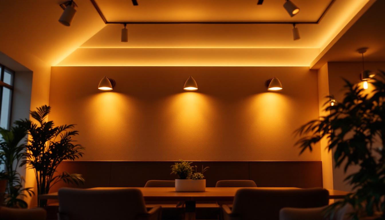 A photograph of a beautifully lit interior space featuring halogen can lights